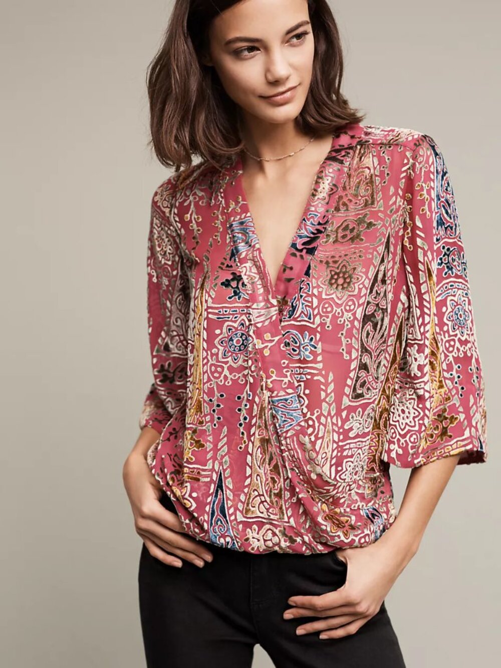 ANTHROPOLOGIE Floreat Japonica Velvet Wrap Blouse - Size XS